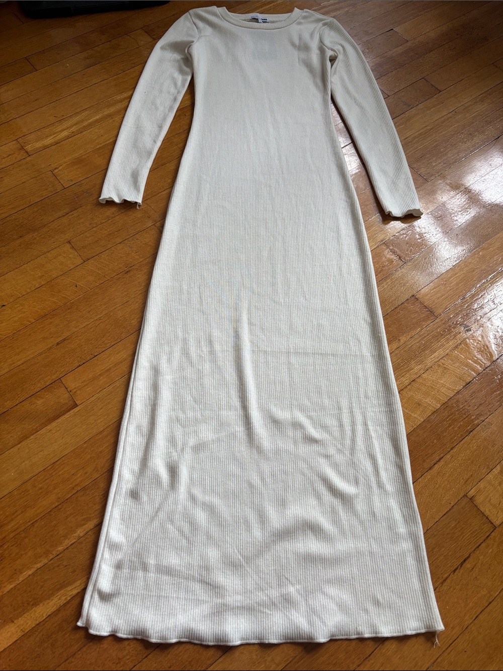 Long Slim Ribbed Cream Dress with Scalloped Trim